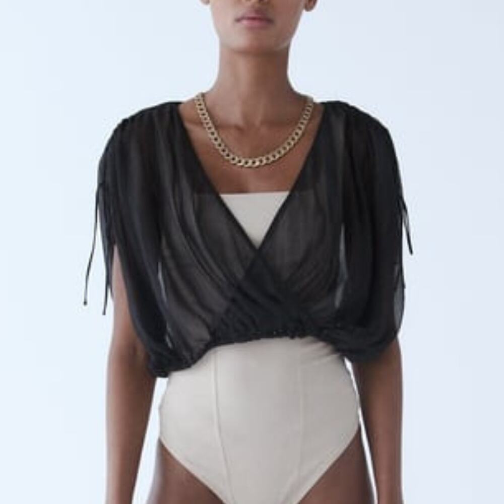 ZARA NWT Metallic Thread Black Sheer Crossover Oversized Crop Top Blouse - Picture 1 of 12